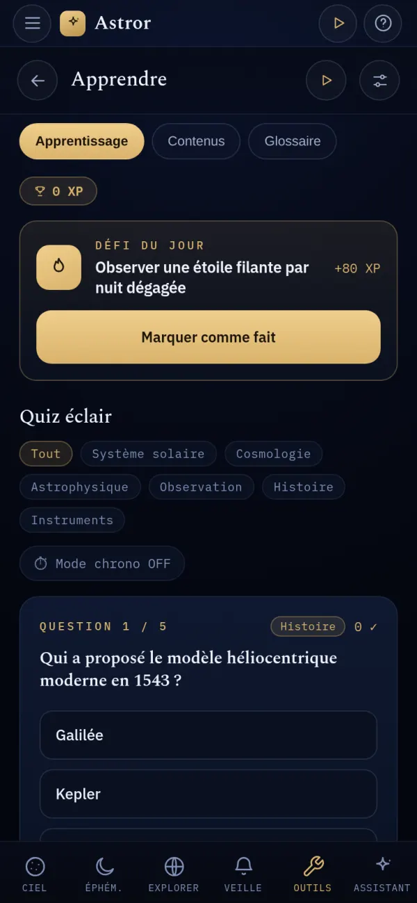 Outil Apprendre : défi du jour et quiz éclair.
