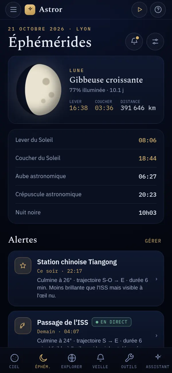 Écran Éphémérides d'Astror : Lune gibbeuse croissante illuminée à 77 %, heures de lever et coucher du Soleil, crépuscule astronomique et durée de la nuit noire à Lyon.