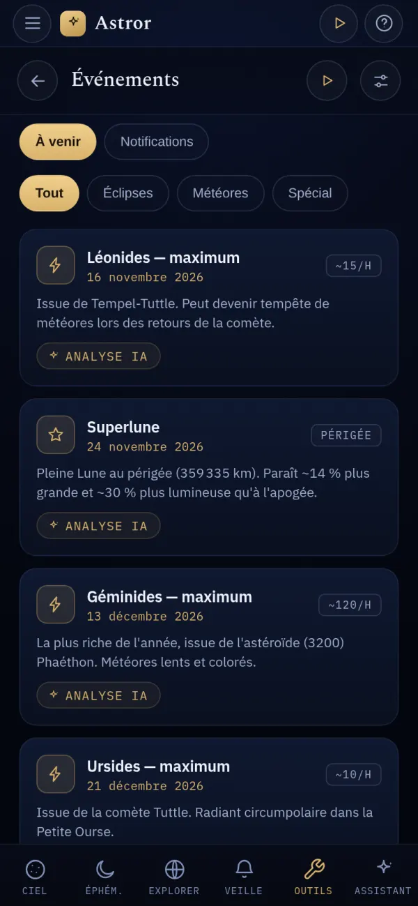Outil Événements d'Astror : maximum des Léonides le 16 novembre, superlune du 24 novembre, Géminides le 13 décembre, avec filtres Éclipses, Météores et Spécial.
