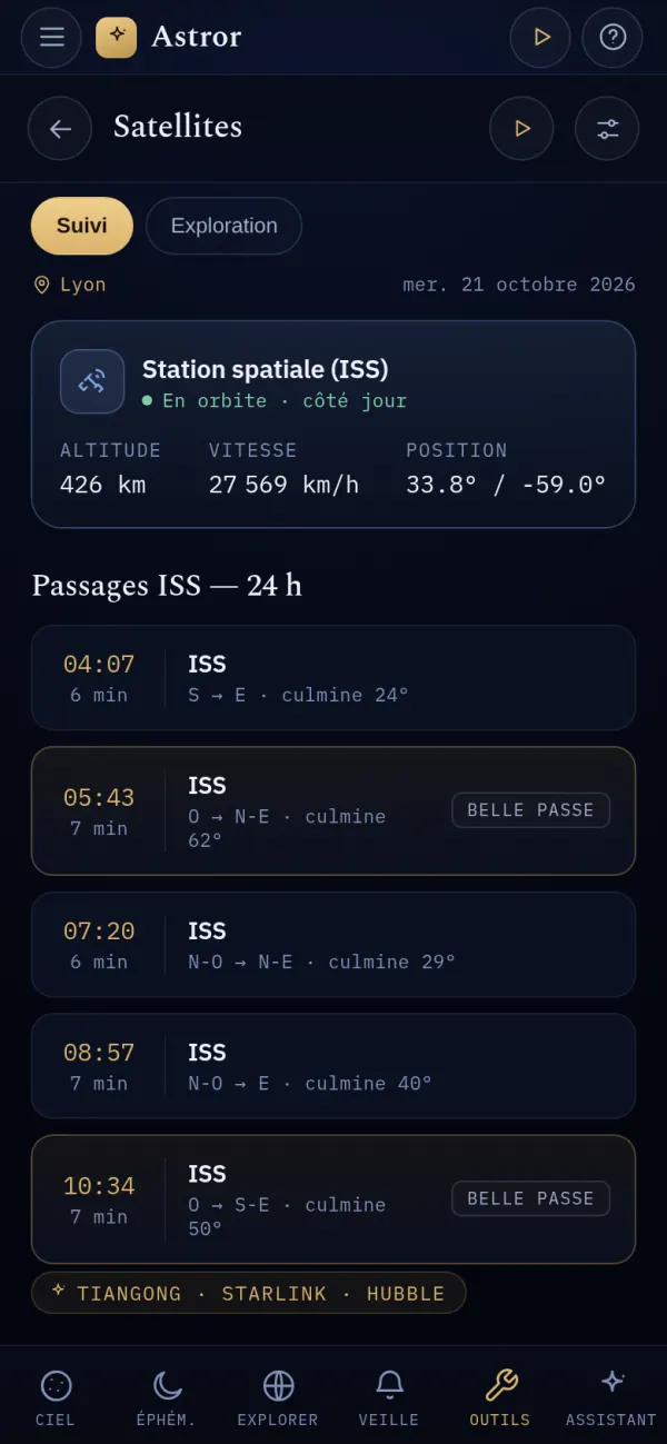 Outil Satellites d'Astror : position de la Station spatiale internationale (altitude, vitesse, coordonnées) et liste des passages ISS des prochaines 24 heures.